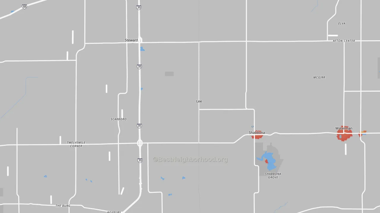 Walk Grade map of Lee, IL, walkable areas in green and car-dependent areas in red