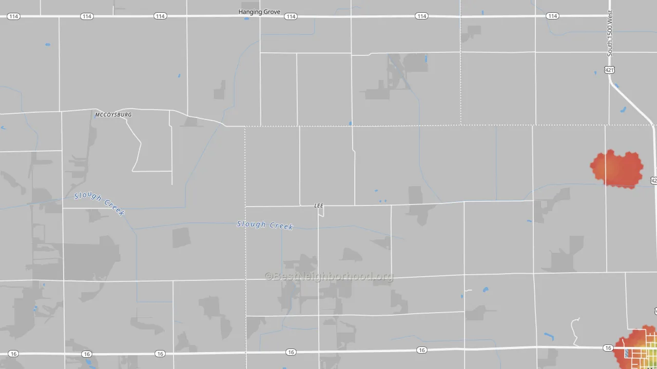 Walk Grade map of Lee, IN, walkable areas in green and car-dependent areas in red