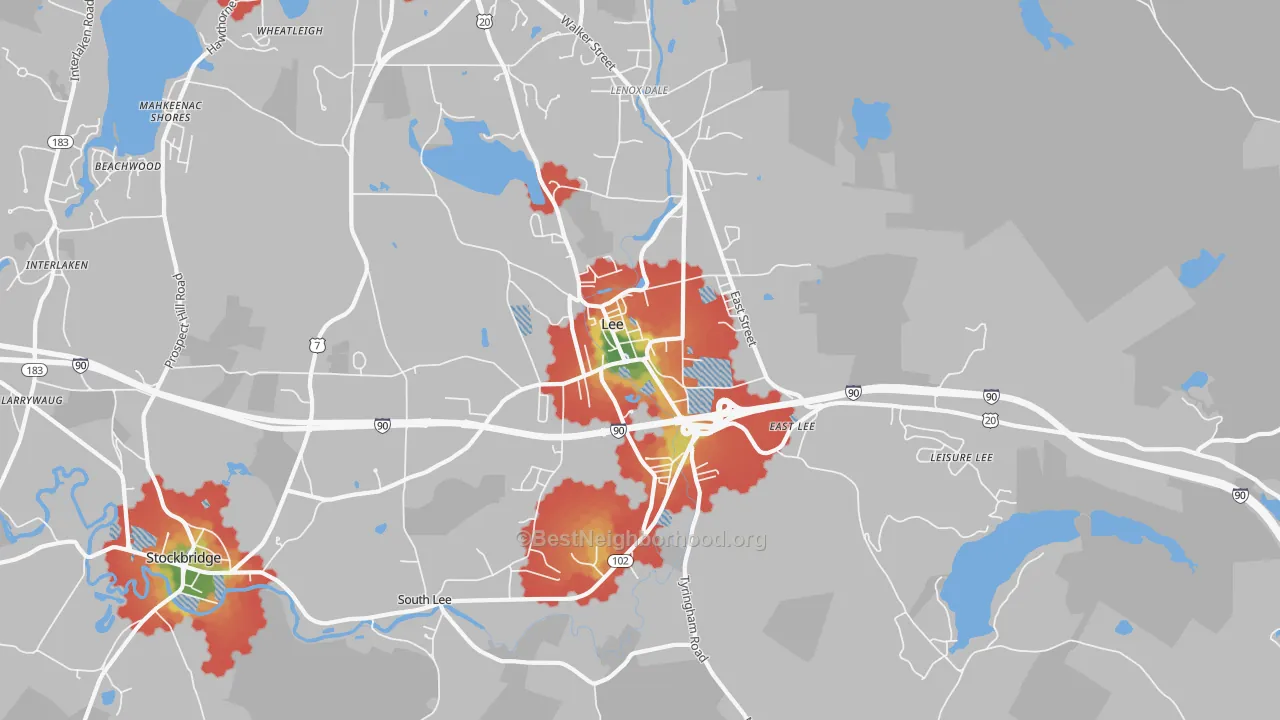 Walk Grade map of Lee, MA, walkable areas in green and car-dependent areas in red