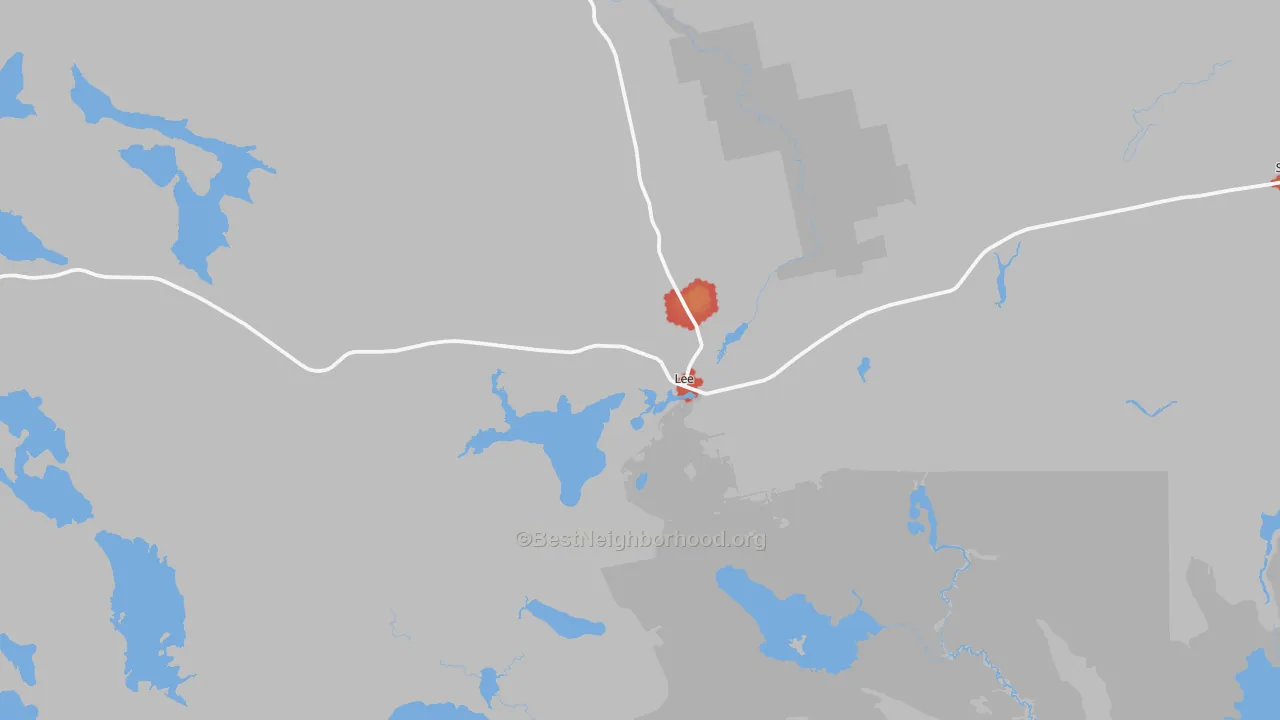 Walk Grade map of Lee, ME, walkable areas in green and car-dependent areas in red