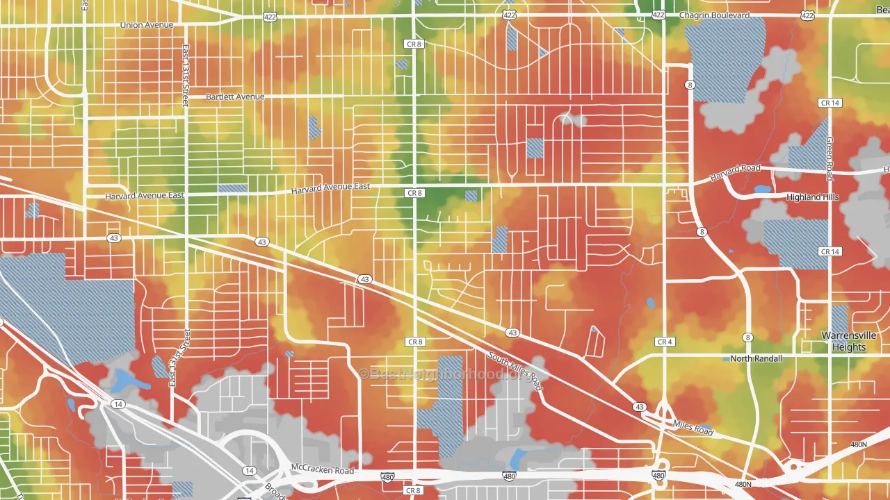 Walk Grade map of Lee-Miles, Cleveland, OH, walkable areas in green and car-dependent areas in red