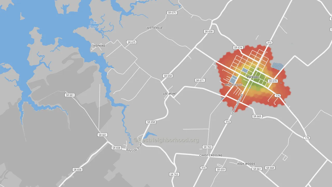 Walk Grade map of Lee Mont, VA, walkable areas in green and car-dependent areas in red