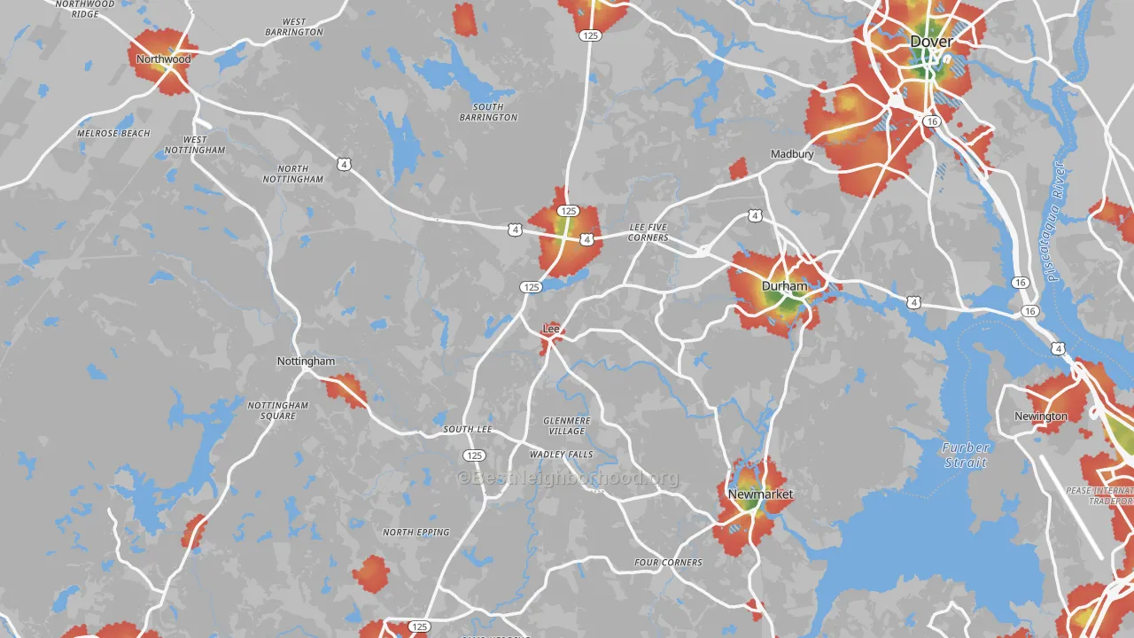 Walk Grade map of Lee, NH, walkable areas in green and car-dependent areas in red