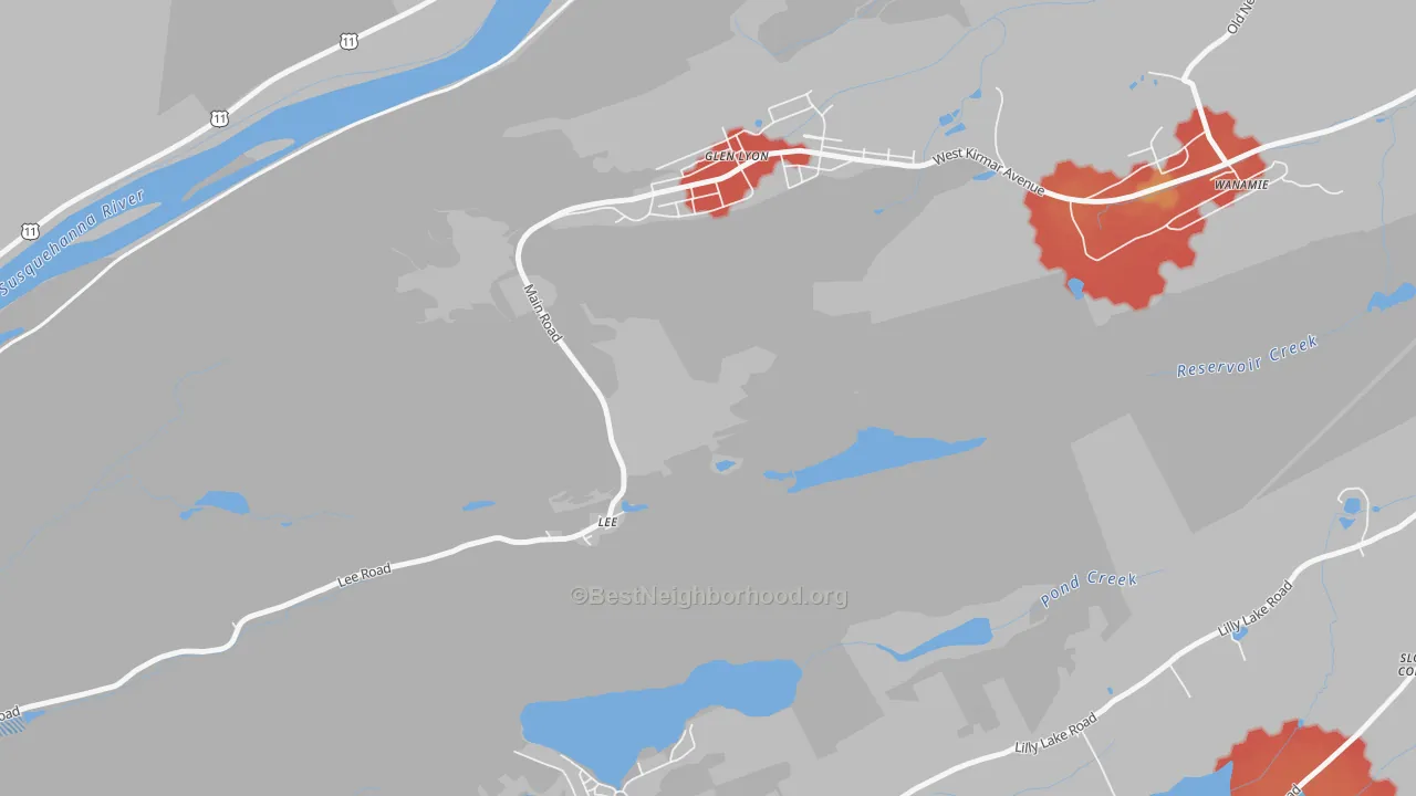 Walk Grade map of Lee, PA, walkable areas in green and car-dependent areas in red