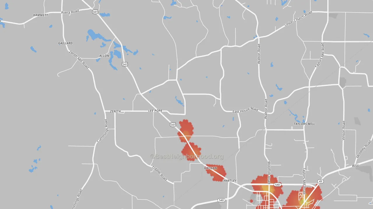 Walk Grade map of Lee Pope, GA, walkable areas in green and car-dependent areas in red