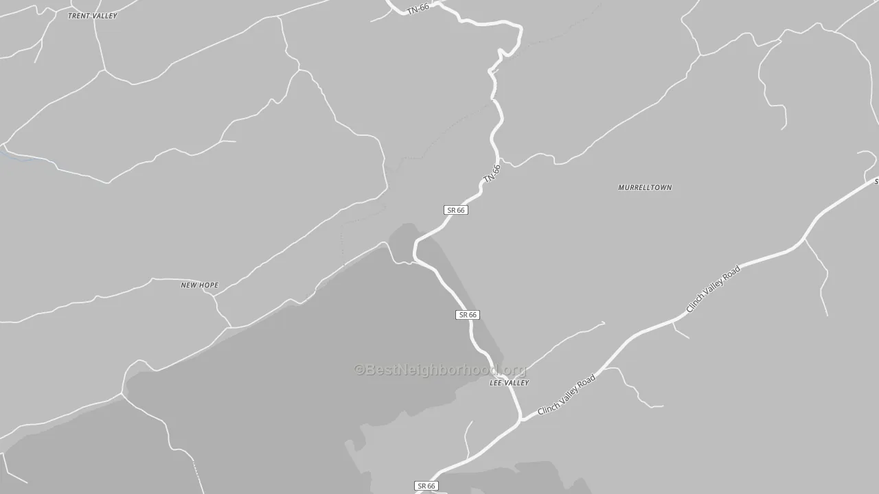 Walk Grade map of Lee Valley, TN, walkable areas in green and car-dependent areas in red