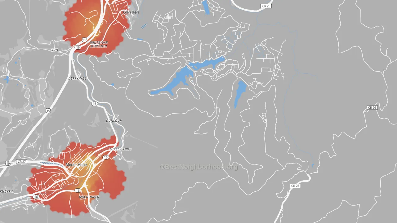 Walk Grade map of Lee, WV, walkable areas in green and car-dependent areas in red