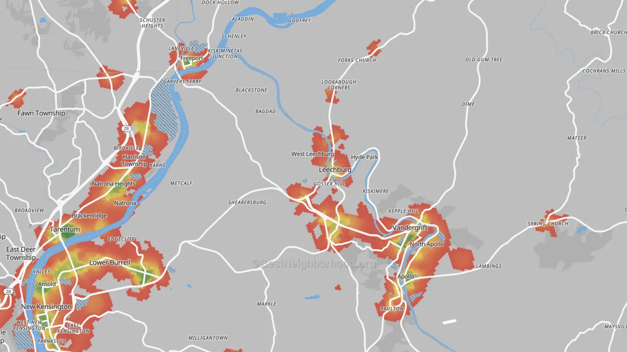 Walk Grade map of Leechburg, PA, walkable areas in green and car-dependent areas in red