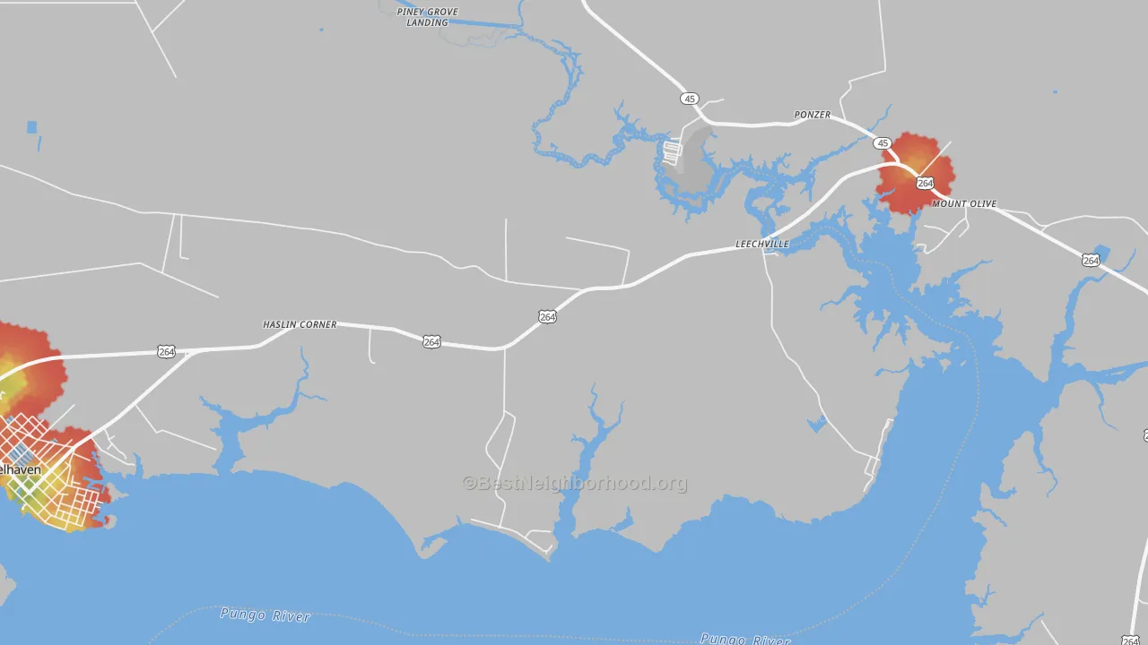 Walk Grade map of Leechville, NC, walkable areas in green and car-dependent areas in red