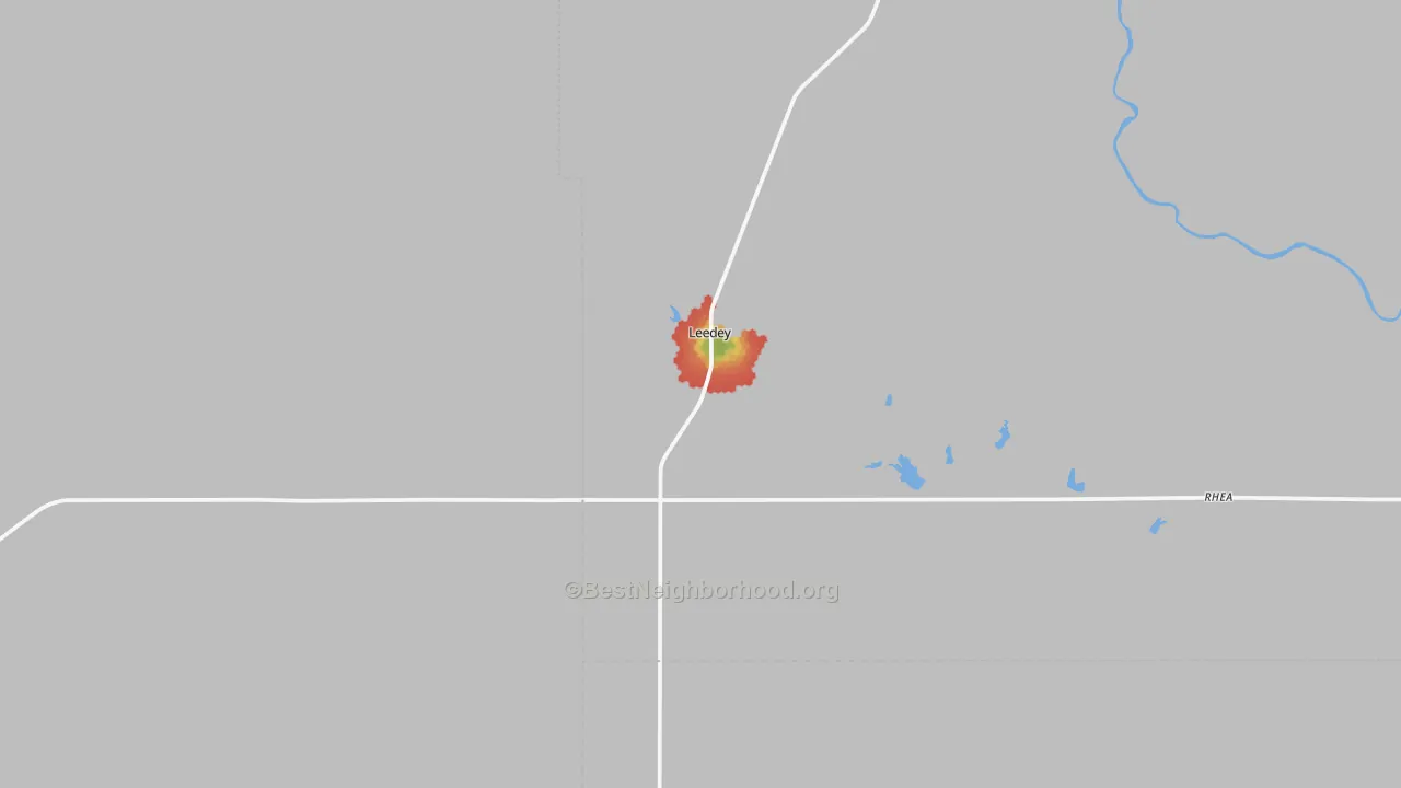Walk Grade map of Leedey, OK, walkable areas in green and car-dependent areas in red