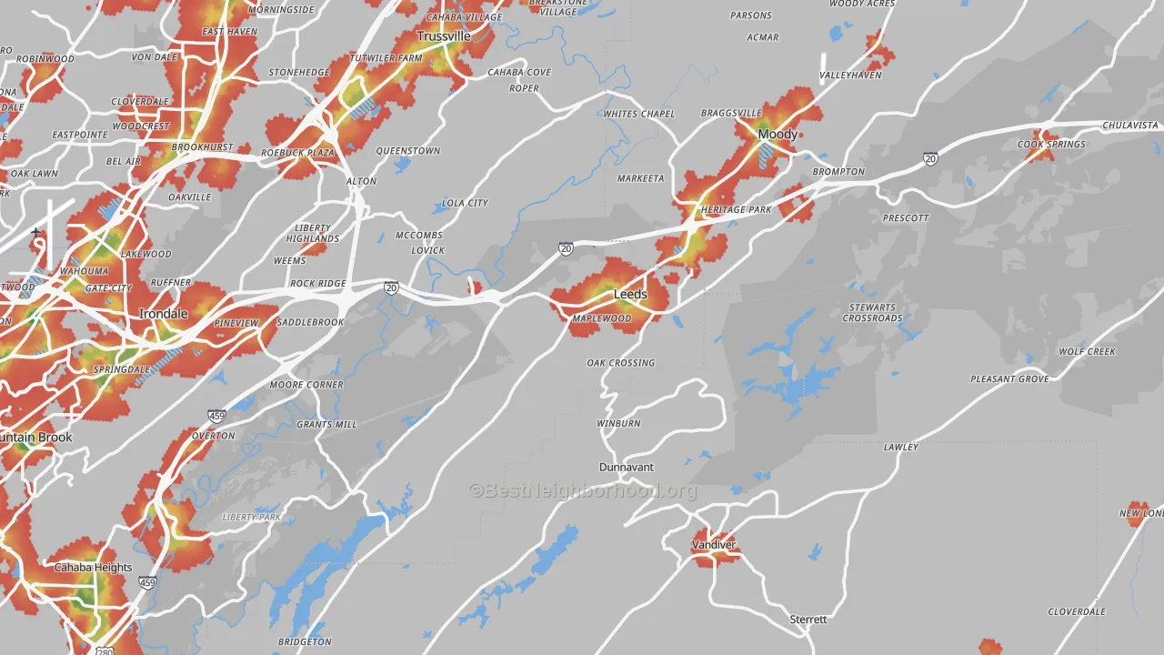 Walk Grade map of Leeds, AL, walkable areas in green and car-dependent areas in red