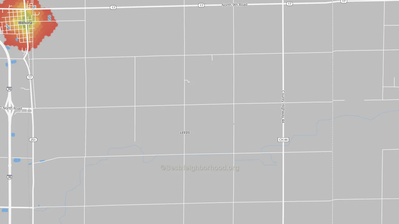 Walk Grade map of Leeds, IL, walkable areas in green and car-dependent areas in red