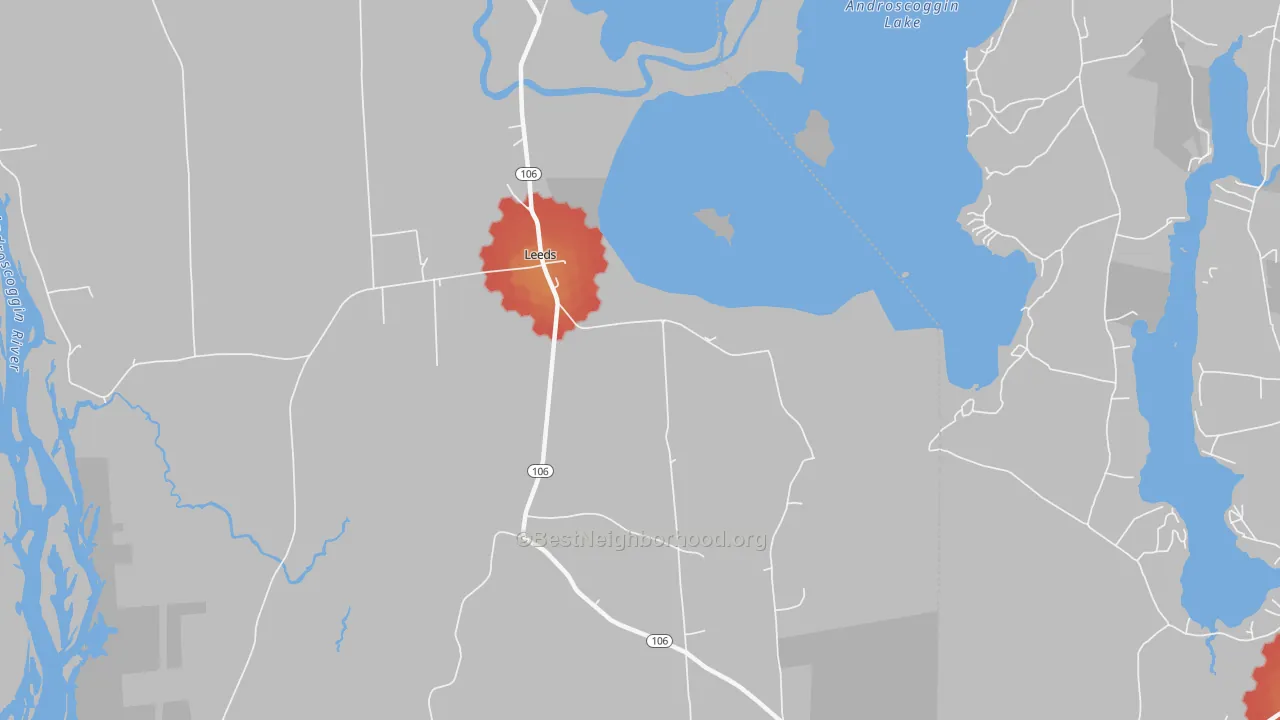 Walk Grade map of Leeds Junction, ME, walkable areas in green and car-dependent areas in red