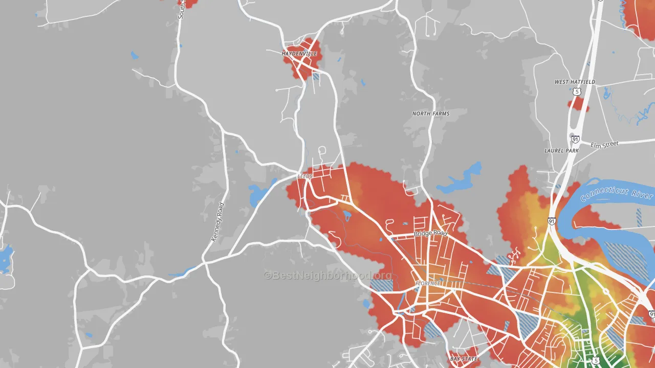 Walk Grade map of Leeds, MA, walkable areas in green and car-dependent areas in red