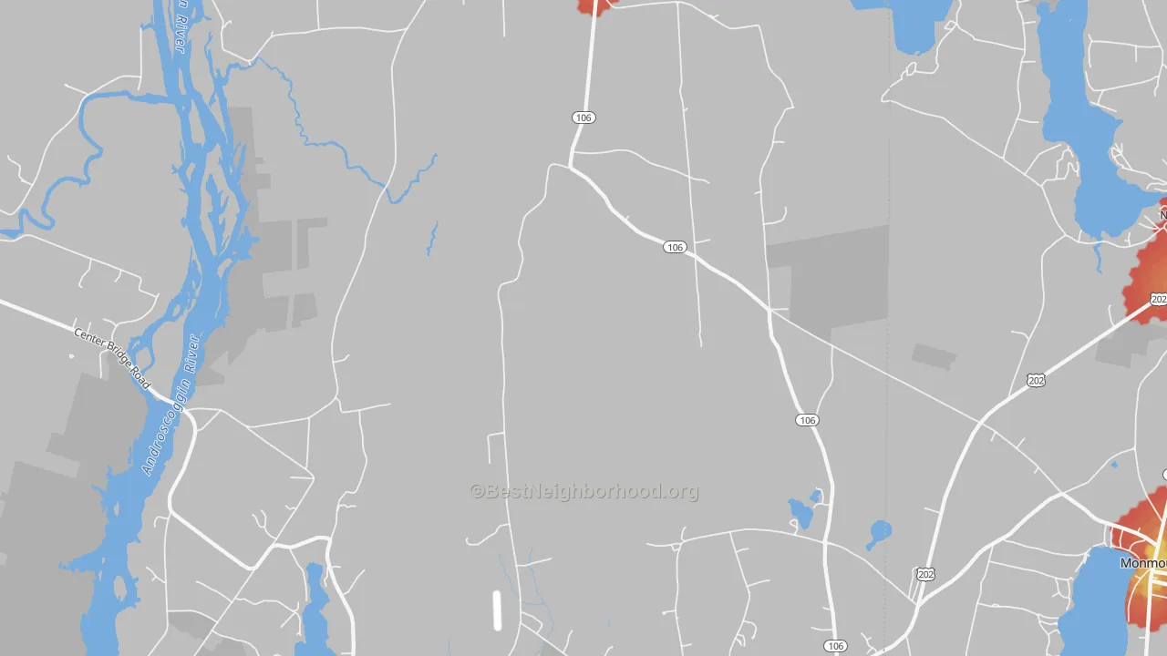Walk Grade map of Leeds, ME, walkable areas in green and car-dependent areas in red