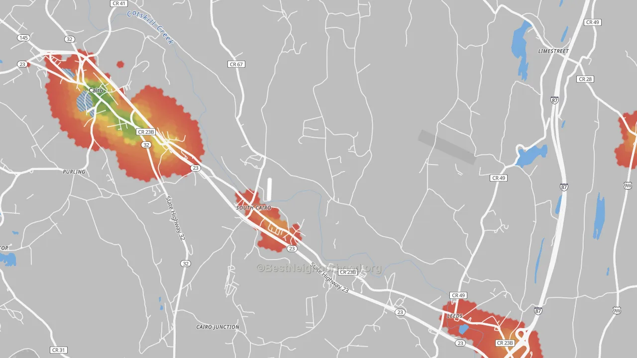 Walk Grade map of Leeds, NY, walkable areas in green and car-dependent areas in red