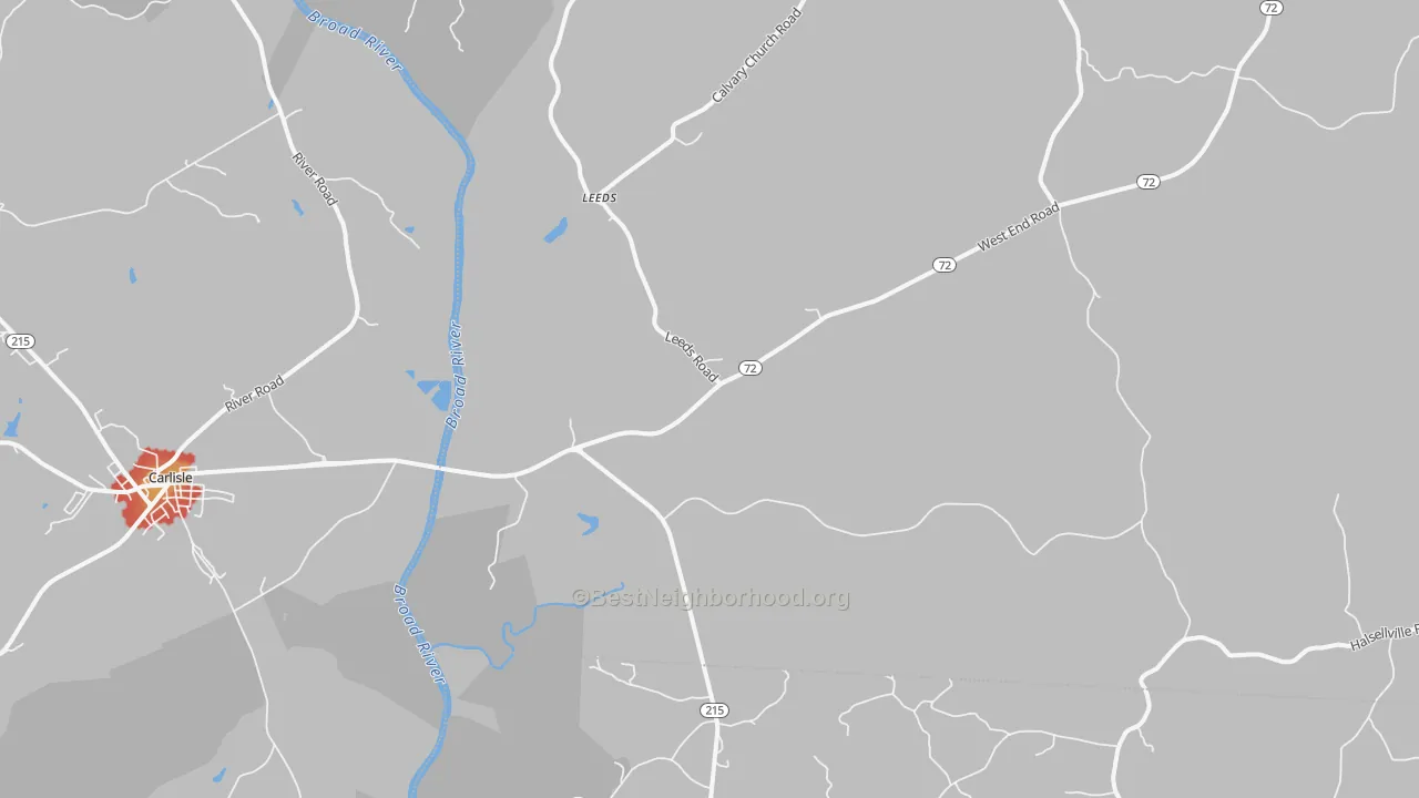 Walk Grade map of Leeds, SC, walkable areas in green and car-dependent areas in red