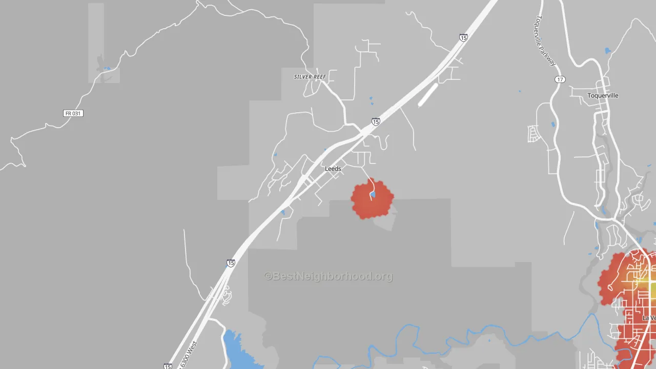 Walk Grade map of Leeds, UT, walkable areas in green and car-dependent areas in red