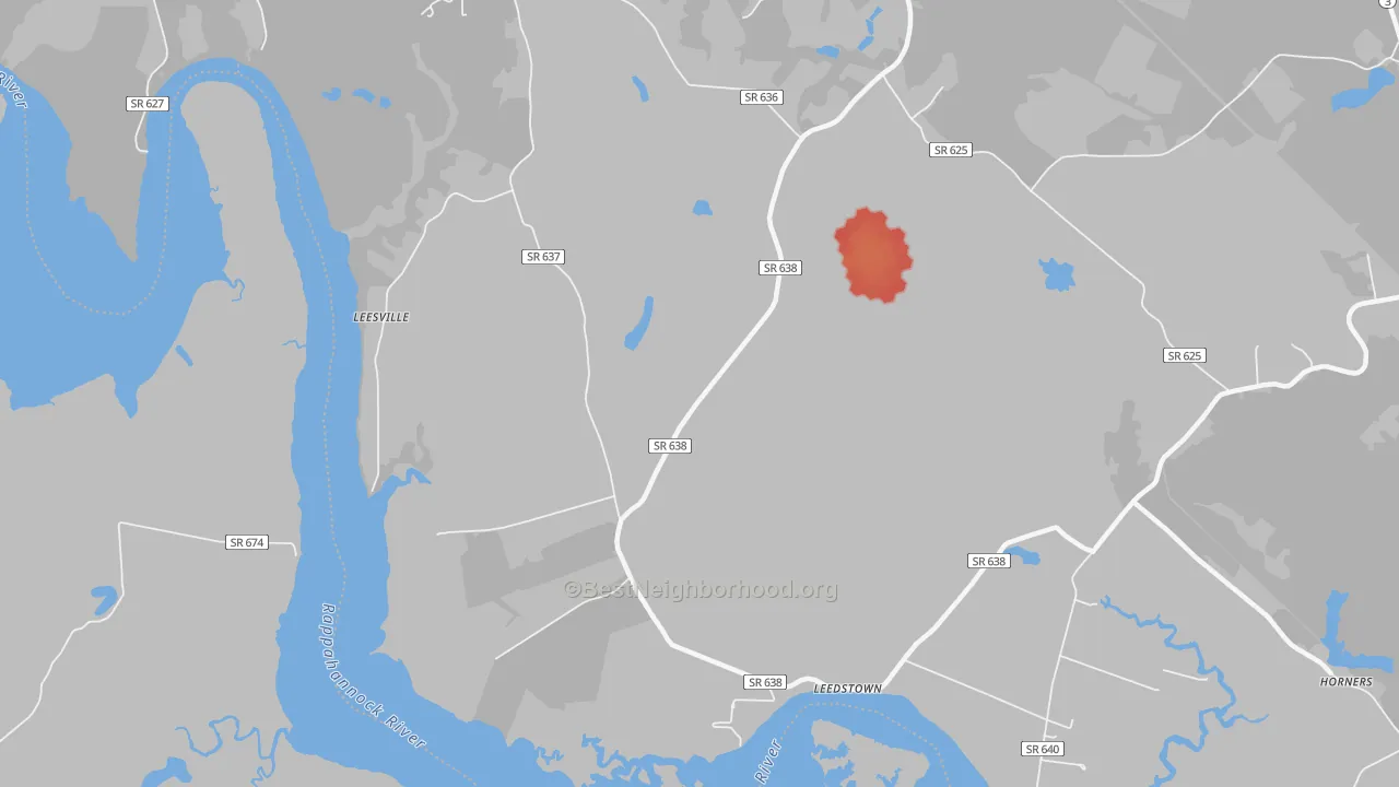 Walk Grade map of Leedstown, VA, walkable areas in green and car-dependent areas in red