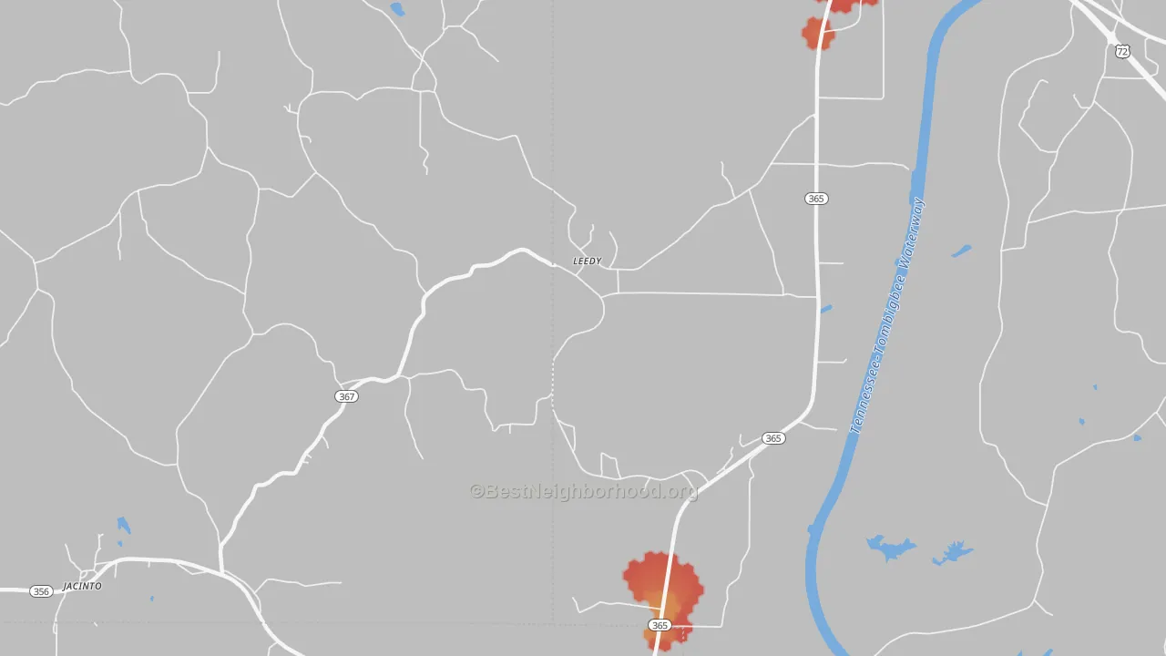 Walk Grade map of Leedy, MS, walkable areas in green and car-dependent areas in red