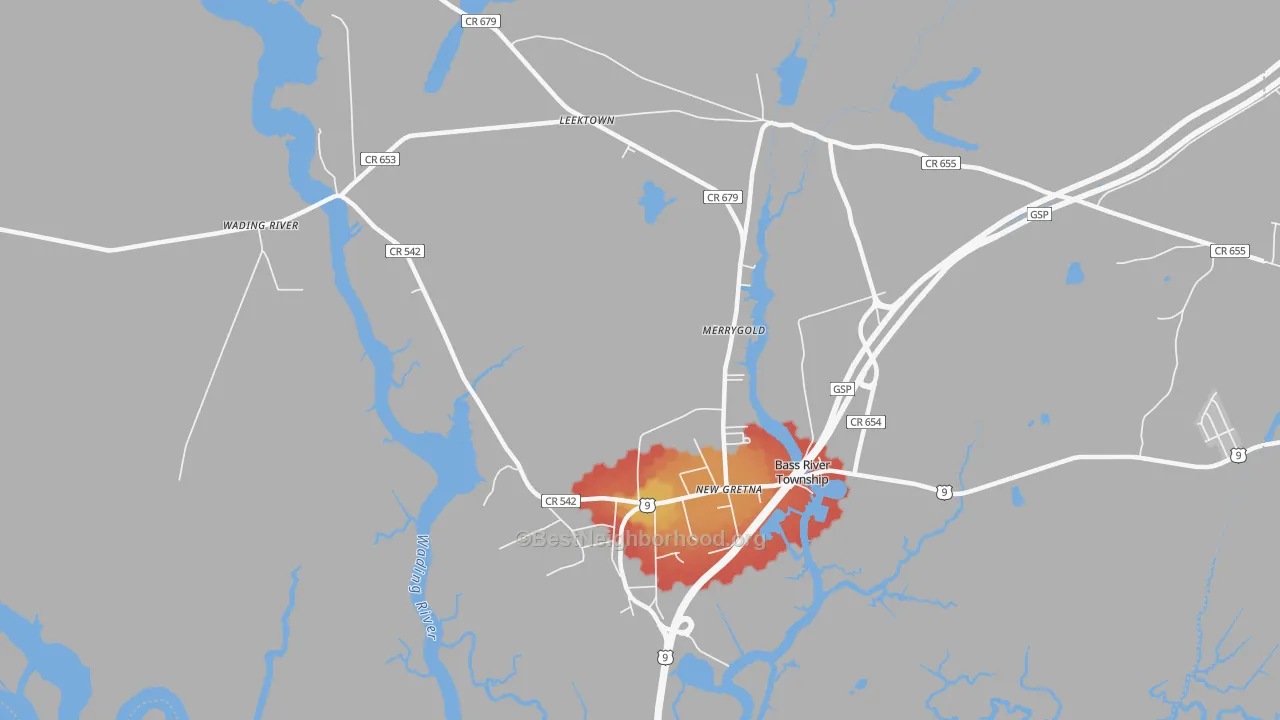 Walk Grade map of Leektown, NJ, walkable areas in green and car-dependent areas in red