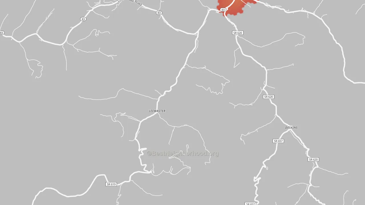 Walk Grade map of Leemaster, VA, walkable areas in green and car-dependent areas in red