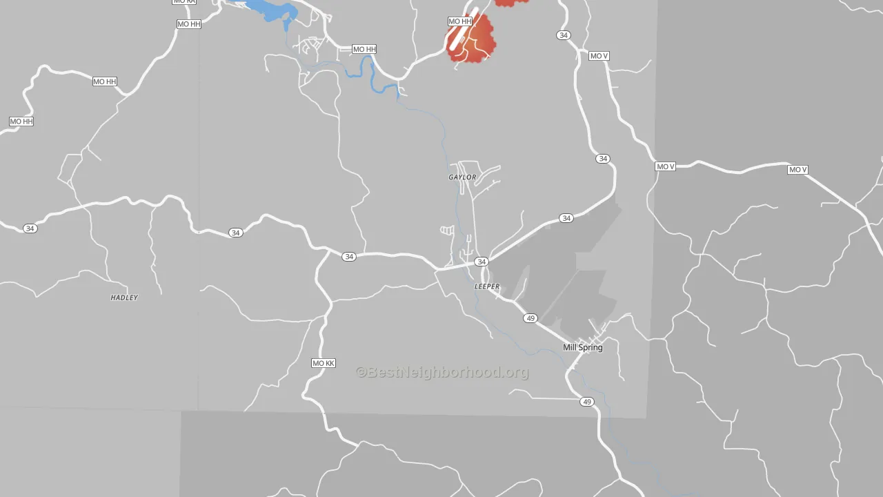 Walk Grade map of Leeper, MO, walkable areas in green and car-dependent areas in red