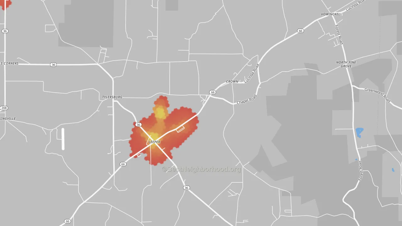 Walk Grade map of Leeper, PA, walkable areas in green and car-dependent areas in red