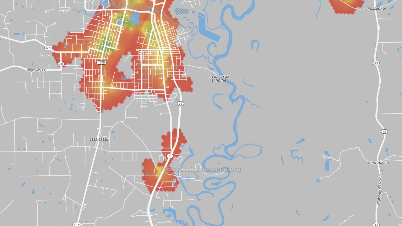 Walk Grade map of Lees Creek, LA, walkable areas in green and car-dependent areas in red