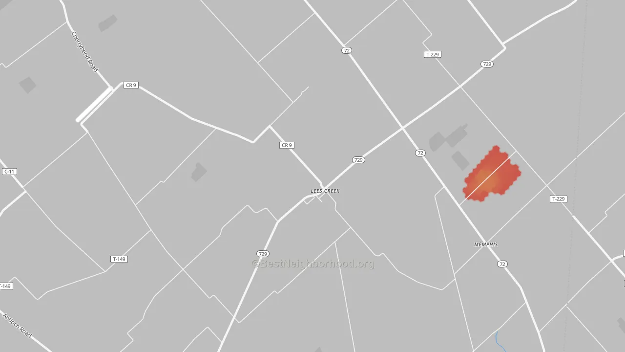 Walk Grade map of Lees Creek, OH, walkable areas in green and car-dependent areas in red