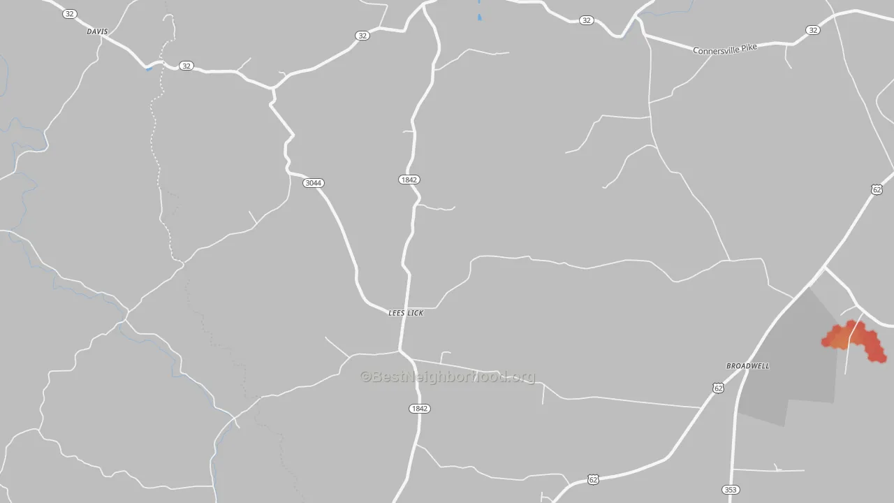 Walk Grade map of Lees Lick, KY, walkable areas in green and car-dependent areas in red