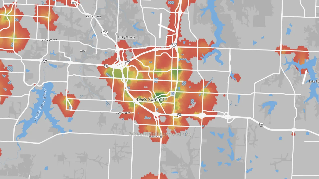 Walk Grade map of Lees Summit, MO, walkable areas in green and car-dependent areas in red