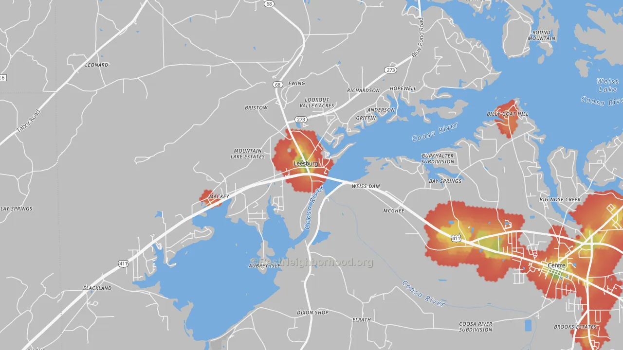 Walk Grade map of Leesburg, AL, walkable areas in green and car-dependent areas in red
