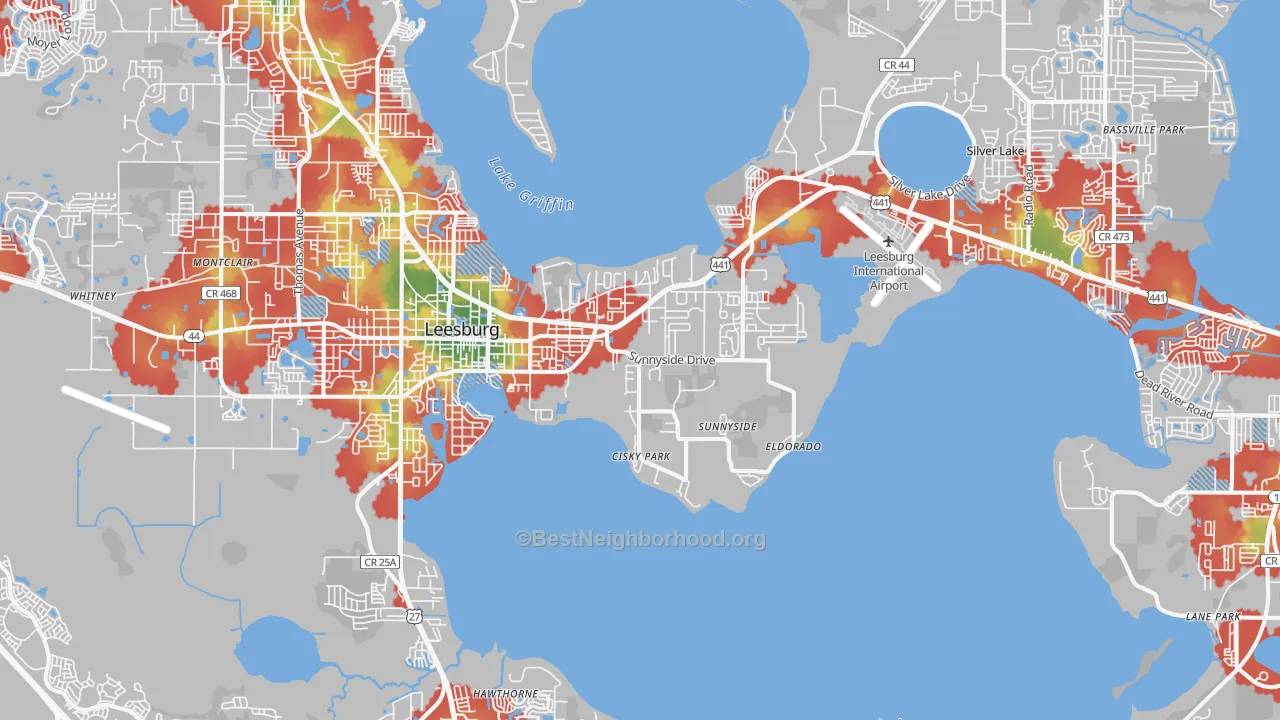 Walk Grade map of Leesburg, FL, walkable areas in green and car-dependent areas in red