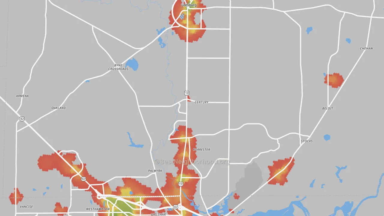 Walk Grade map of Leesburg, GA, walkable areas in green and car-dependent areas in red