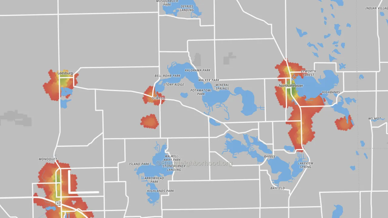 Walk Grade map of Leesburg, IN, walkable areas in green and car-dependent areas in red