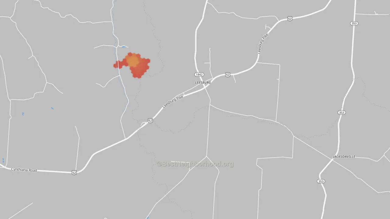 Walk Grade map of Leesburg, KY, walkable areas in green and car-dependent areas in red