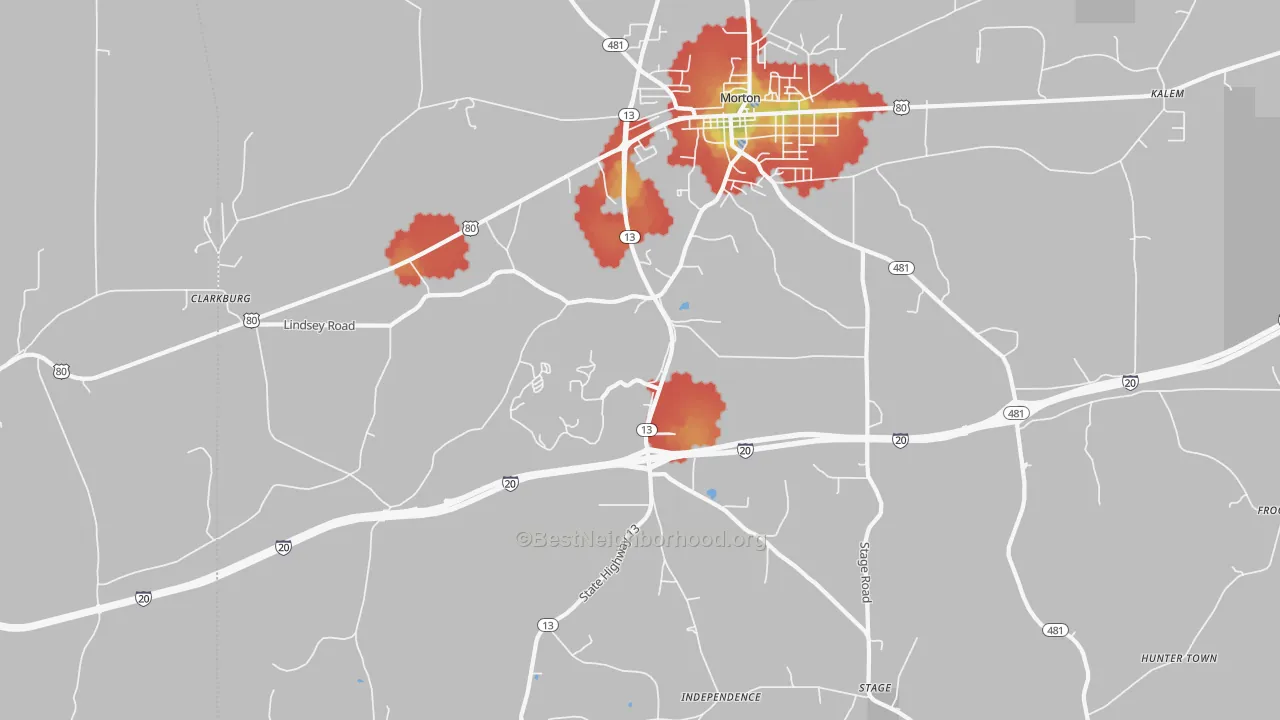 Walk Grade map of Leesburg, MS, walkable areas in green and car-dependent areas in red