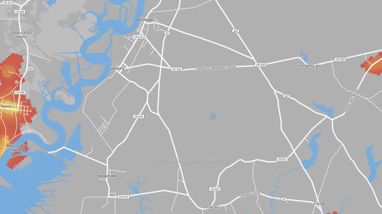 Walk Grade map of Leesburg, NJ, walkable areas in green and car-dependent areas in red