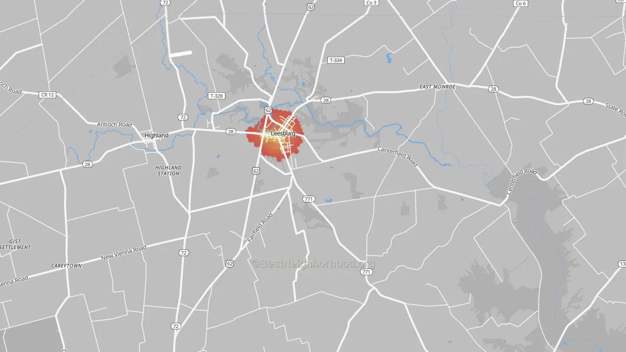 Walk Grade map of Leesburg, OH, walkable areas in green and car-dependent areas in red