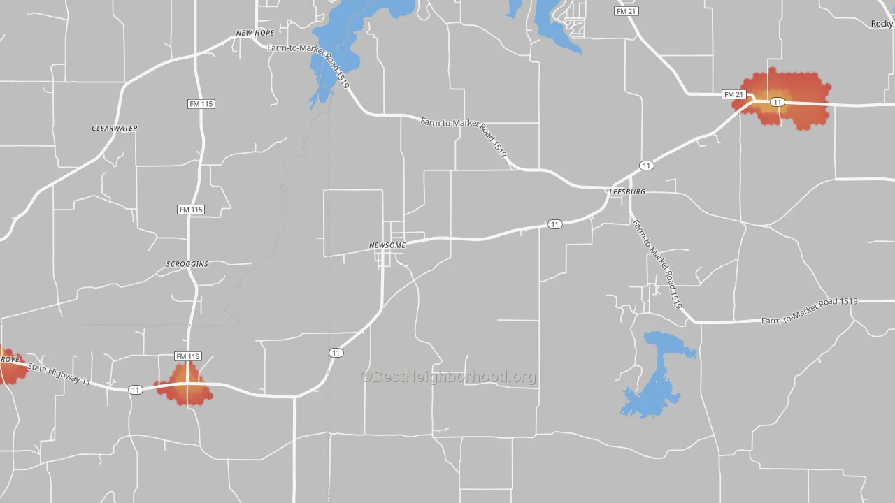 Walk Grade map of Leesburg, TX, walkable areas in green and car-dependent areas in red