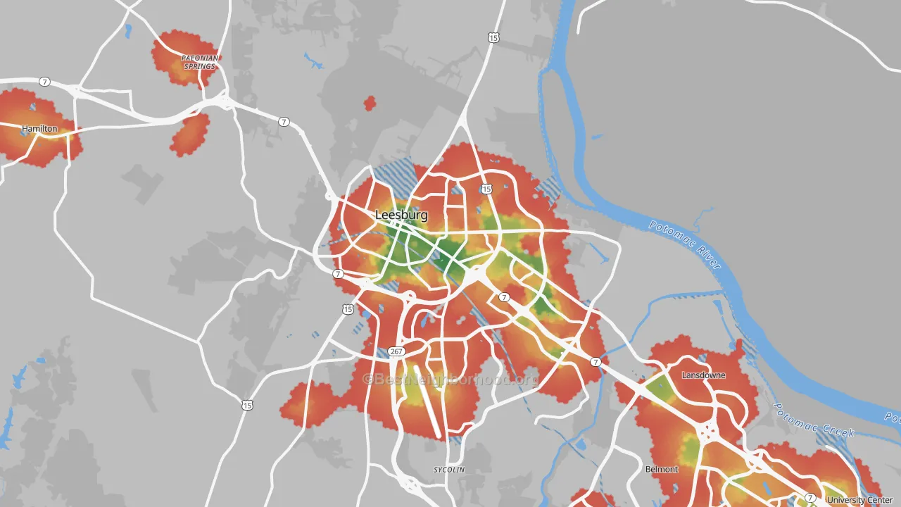Walk Grade map of Leesburg, VA, walkable areas in green and car-dependent areas in red