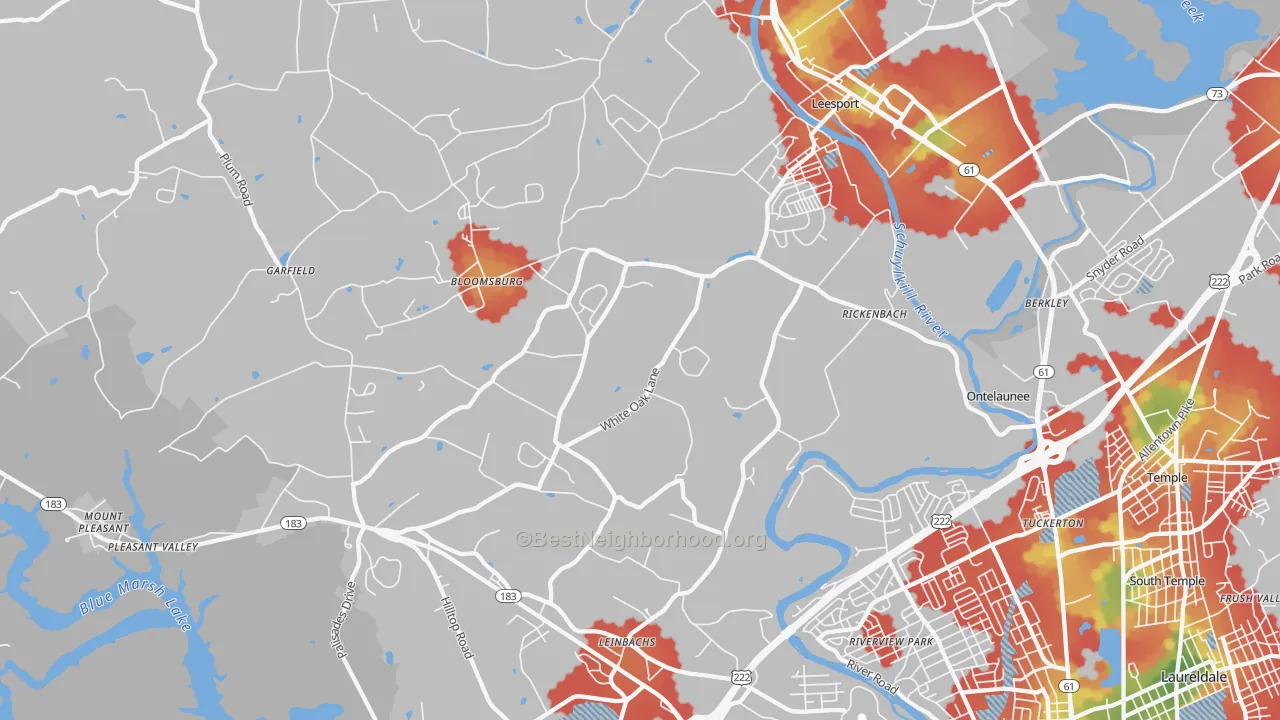 Walk Grade map of Leesport, PA, walkable areas in green and car-dependent areas in red