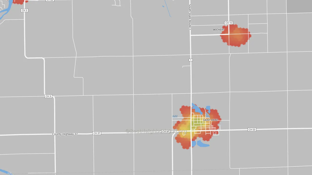Walk Grade map of Leesville, IL, walkable areas in green and car-dependent areas in red