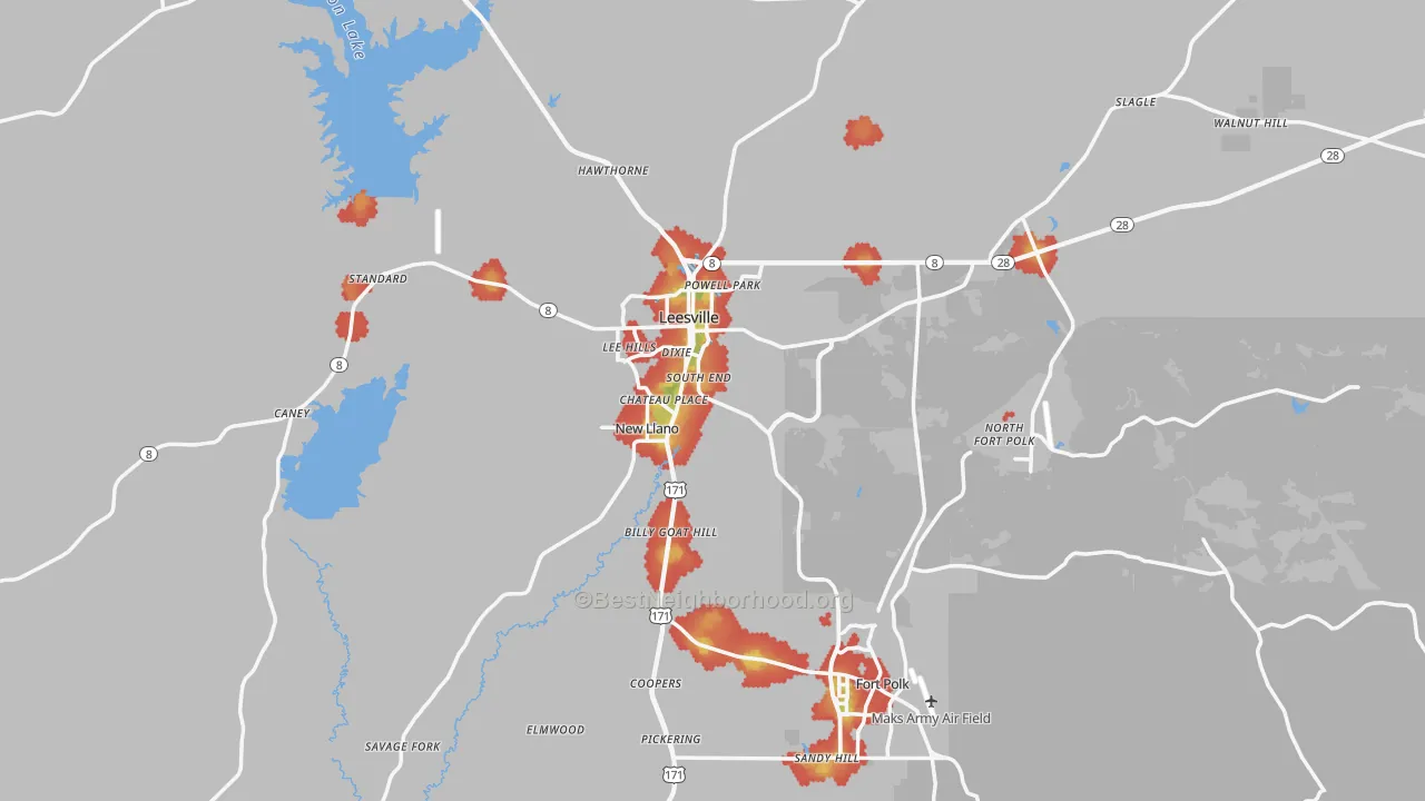 Walk Grade map of Leesville, LA, walkable areas in green and car-dependent areas in red