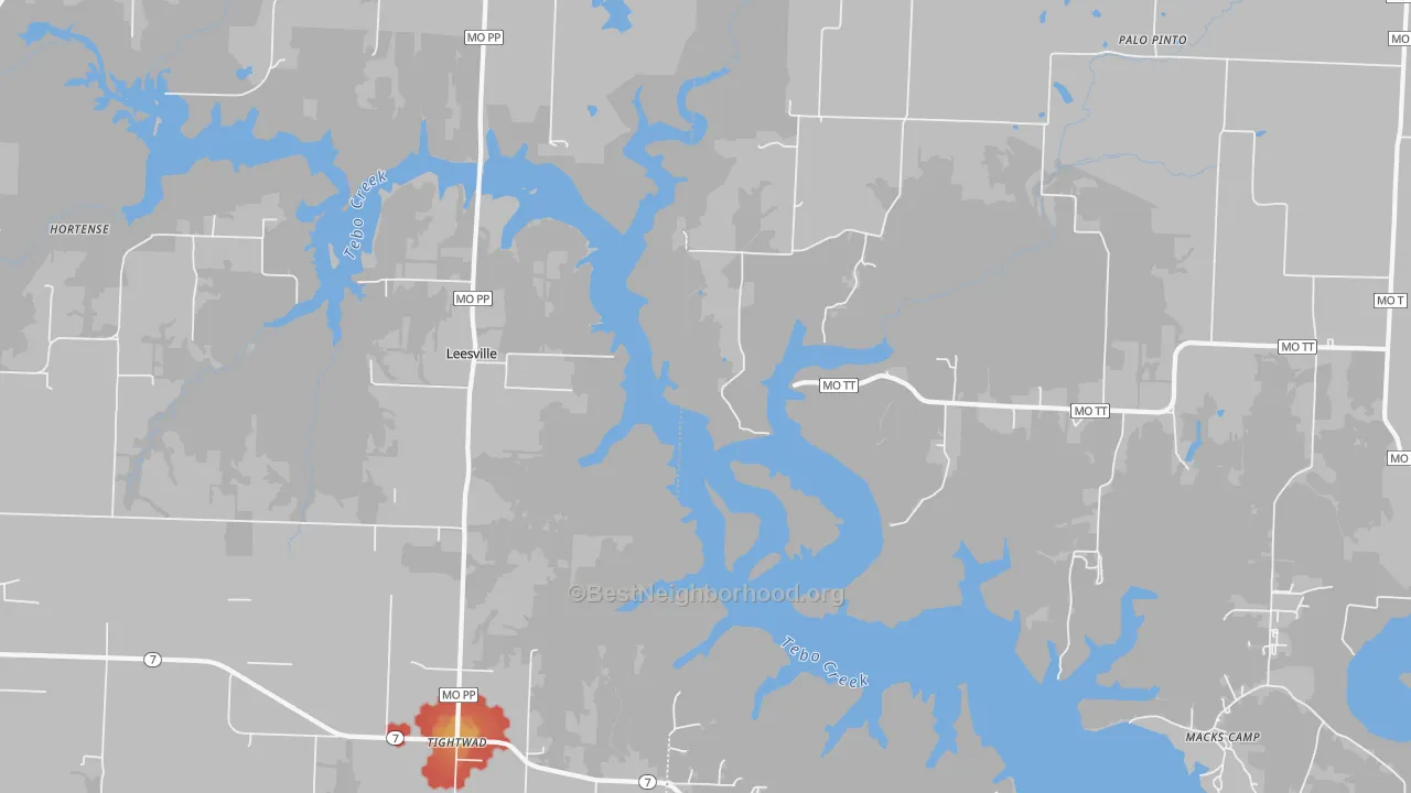 Walk Grade map of Leesville, MO, walkable areas in green and car-dependent areas in red