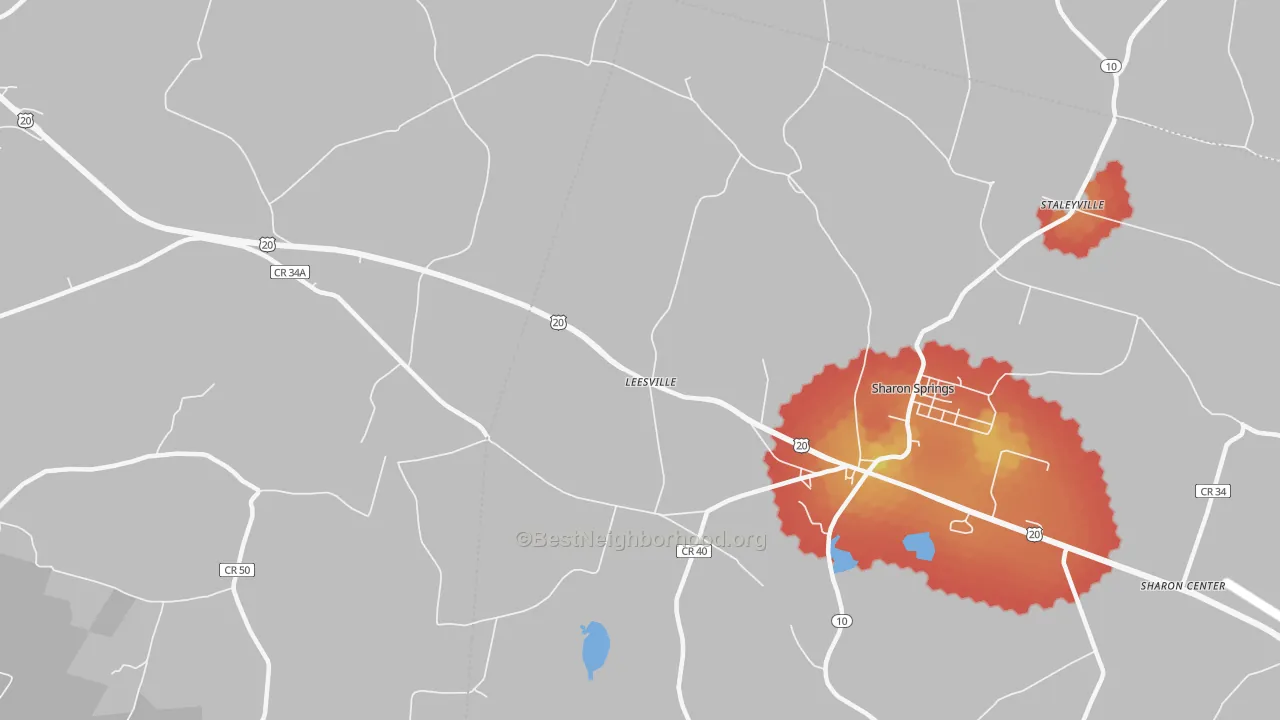 Walk Grade map of Leesville, NY, walkable areas in green and car-dependent areas in red