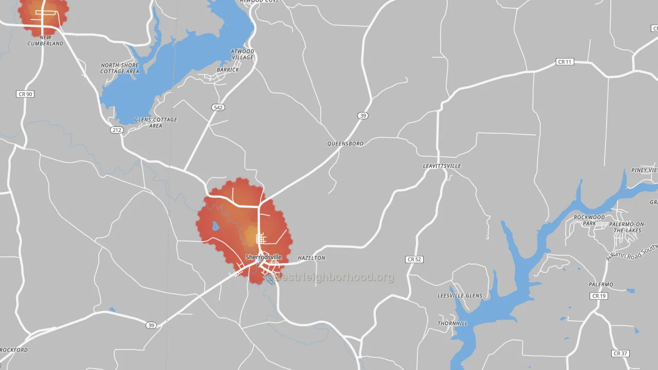 Walk Grade map of Leesville, OH, walkable areas in green and car-dependent areas in red