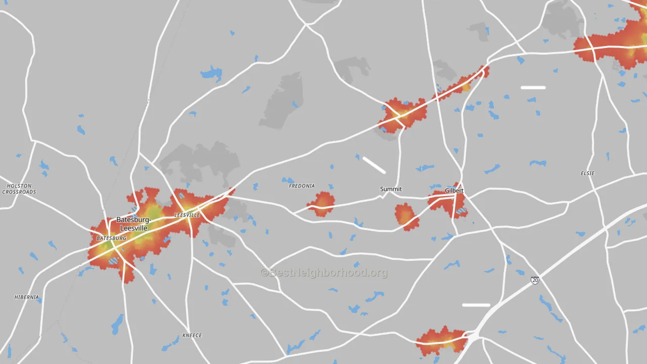 Walk Grade map of Leesville, SC, walkable areas in green and car-dependent areas in red