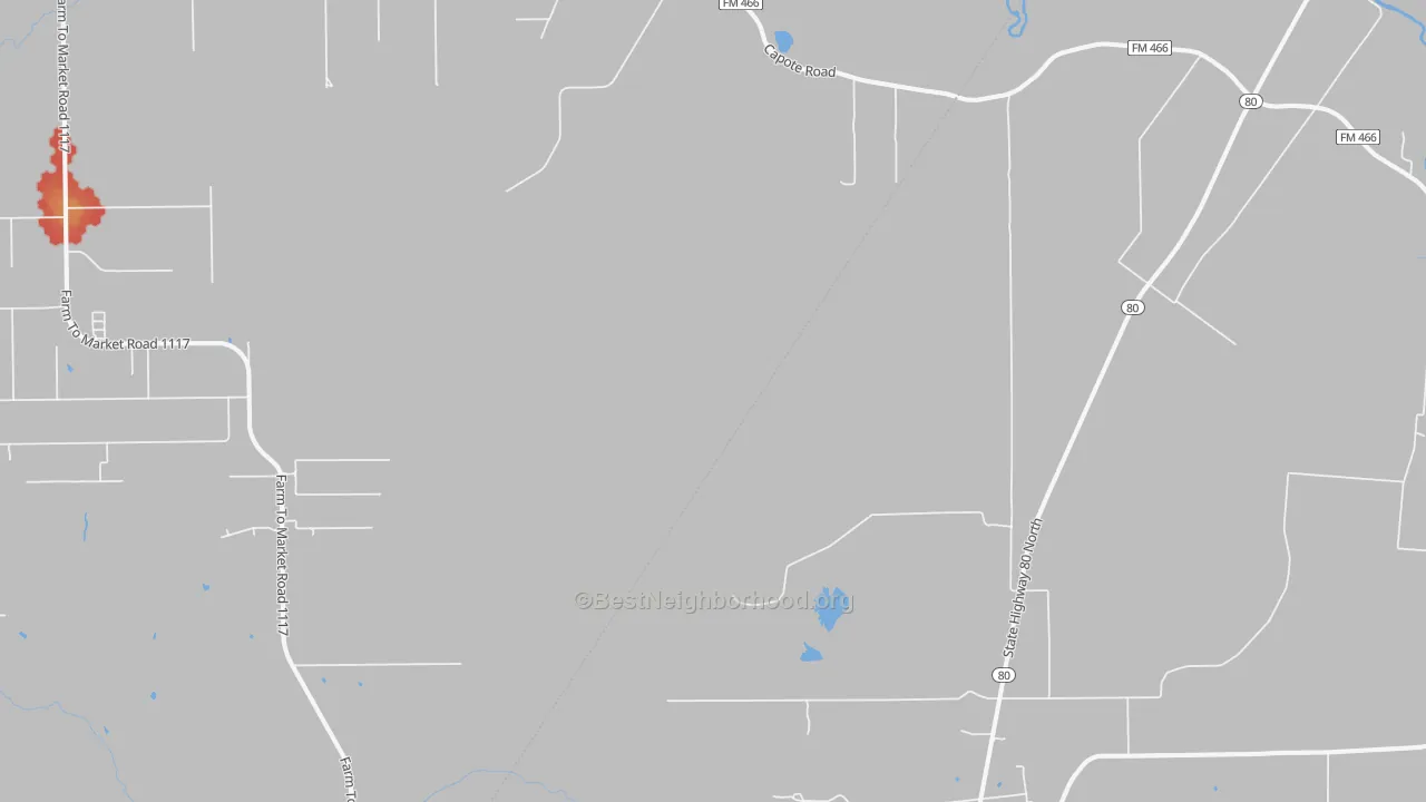 Walk Grade map of Leesville, TX, walkable areas in green and car-dependent areas in red